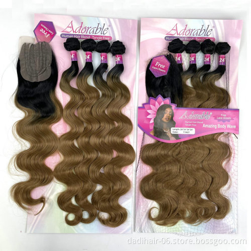 Adorable Full Packet Solution Synthetic Hair Bundles With Free 4*4 Machine Made Closure Amazing Body Wave 4pcs Ombre Color T1b27